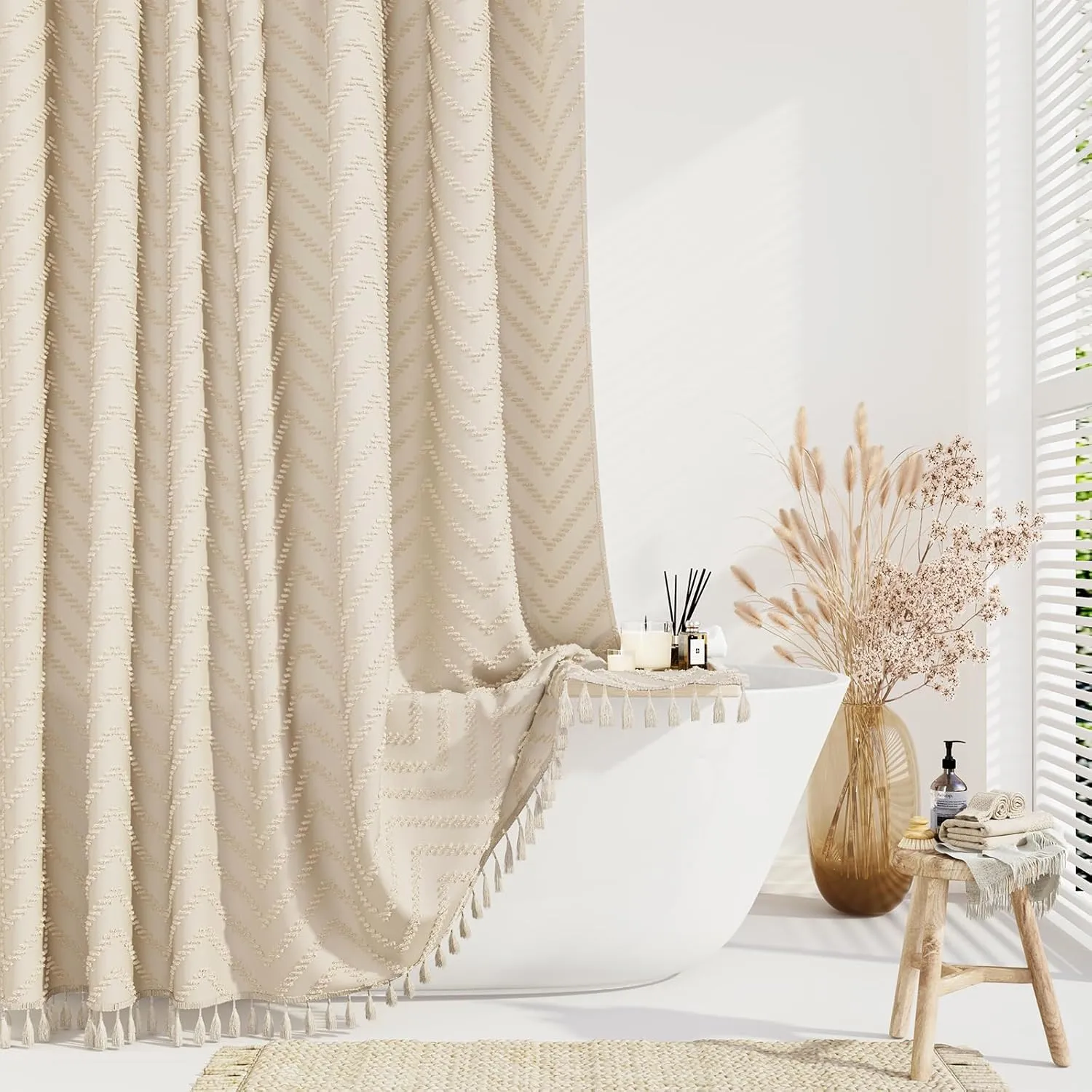 Dynamene Boho Farmhouse Shower Curtain, Beige Fabric Tufted Chevron Striped Textured Tassel Shower Curtains for Bathroom, Water Repellent, Minimalist Ruffled Cloth Shower Curtain Set with Hook, 72x72
