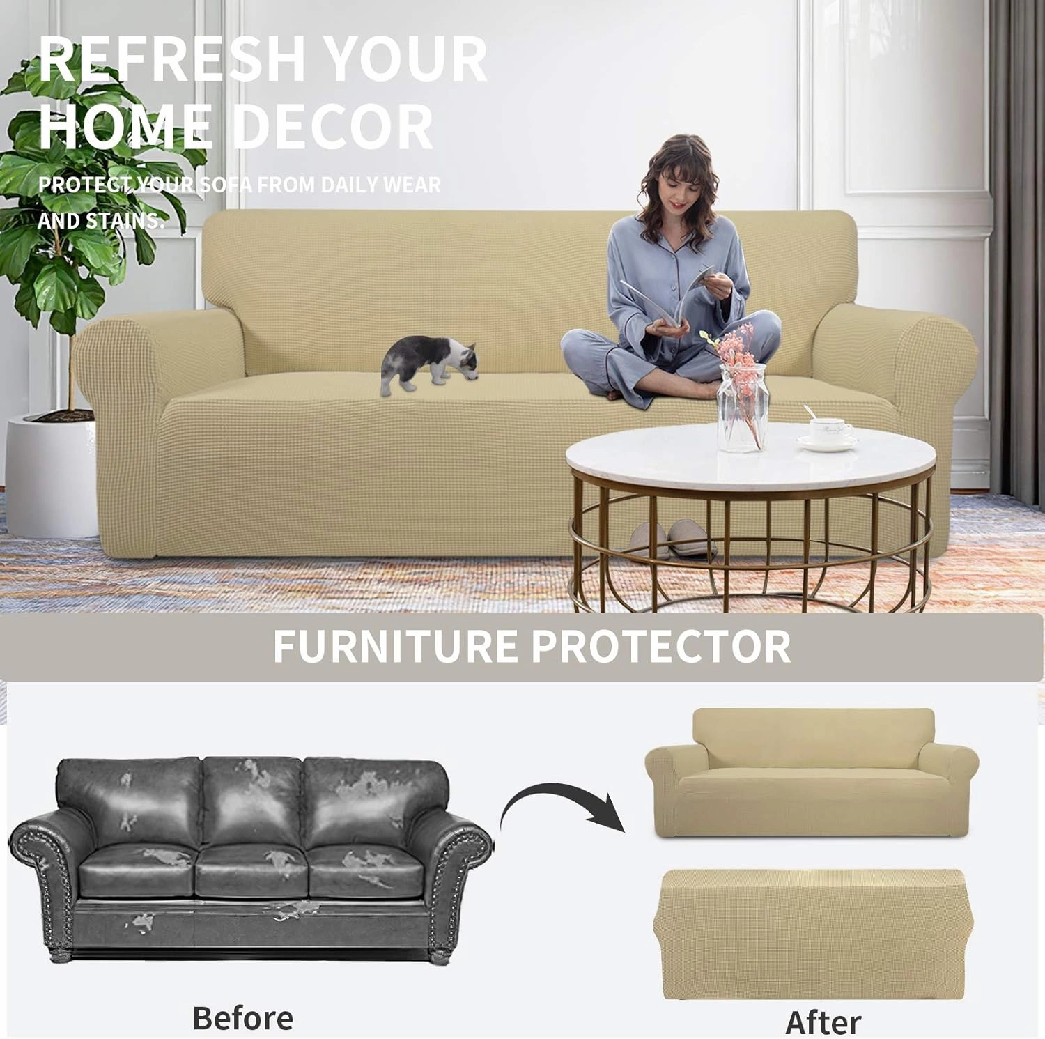 Easy-Going Stretch Loveseat Slipcover 1-Piece Sofa Cover Furniture Protector Couch Soft with Elastic Bottom for Kids Polyester Spandex Jacquard Fabric Small Checks (Loveseat, Beige)
