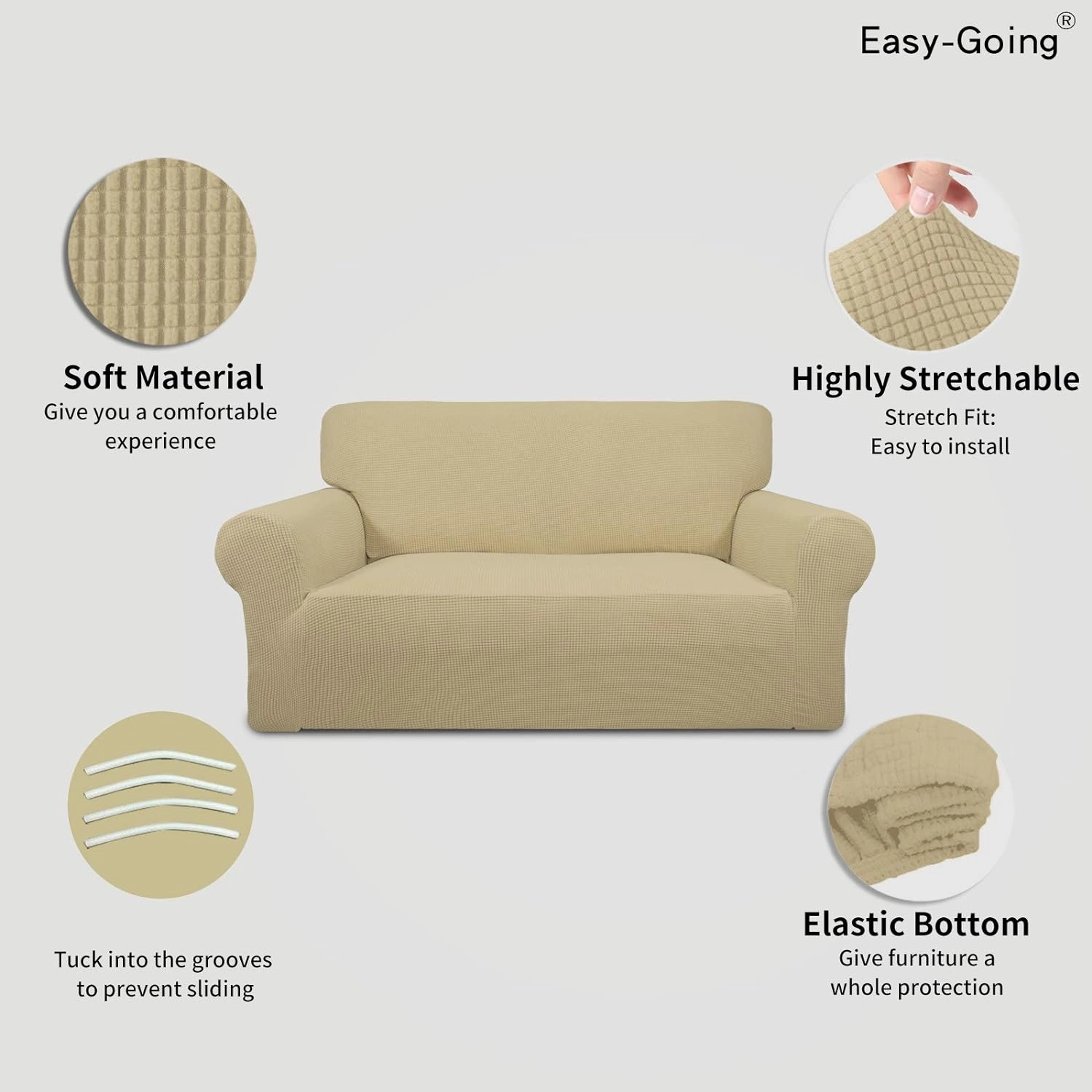 Easy-Going Stretch Loveseat Slipcover 1-Piece Sofa Cover Furniture Protector Couch Soft with Elastic Bottom for Kids Polyester Spandex Jacquard Fabric Small Checks (Loveseat, Beige)