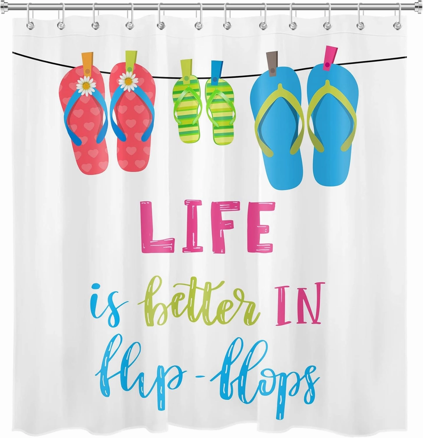 ECOTOB Summer Flip Flop Shower Curtain Decor, Life is Better in Flip Flops with Floral Striped Hanging Slippers Shower Curtains 72X72 inch Polyester Fabric Bathroom Decor Bath Curtains Hooks Included
