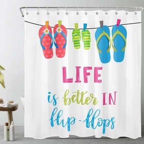 ECOTOB Summer Flip Flop Shower Curtain Decor, Life is Better in Flip Flops with Floral Striped Hanging Slippers Shower Curtains 72X72 inch Polyester Fabric Bathroom Decor Bath Curtains Hooks Included