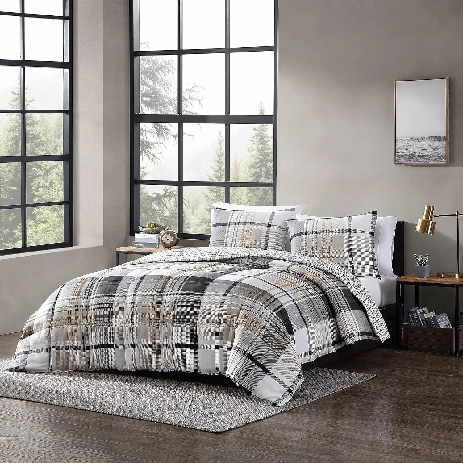 Eddie Bauer - King Comforter Set, Plaid Reversible Bedding, Stylish & Warm Home Decor (Normandy Grey, King)