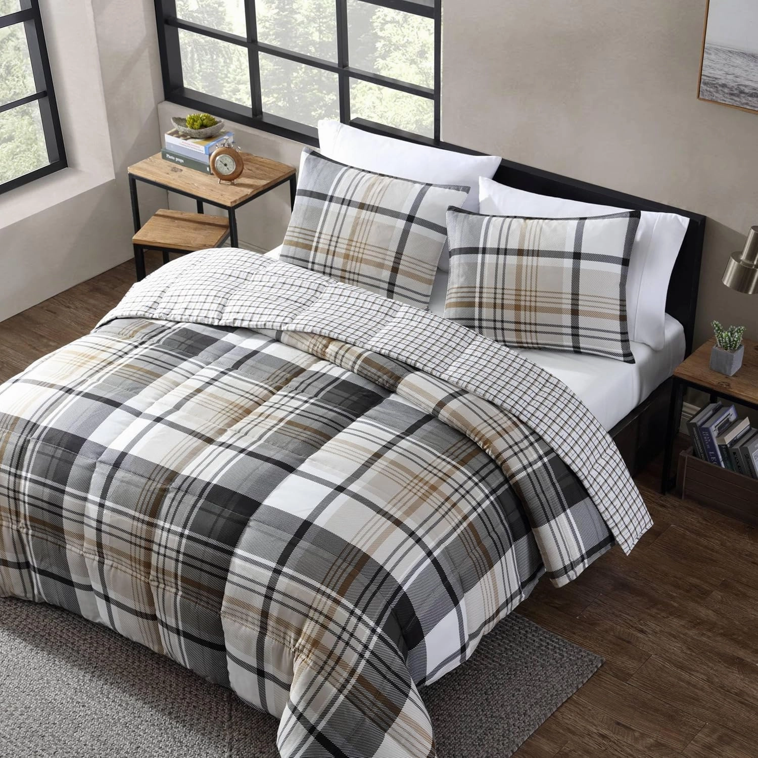 Eddie Bauer - King Comforter Set, Plaid Reversible Bedding, Stylish & Warm Home Decor (Normandy Grey, King)