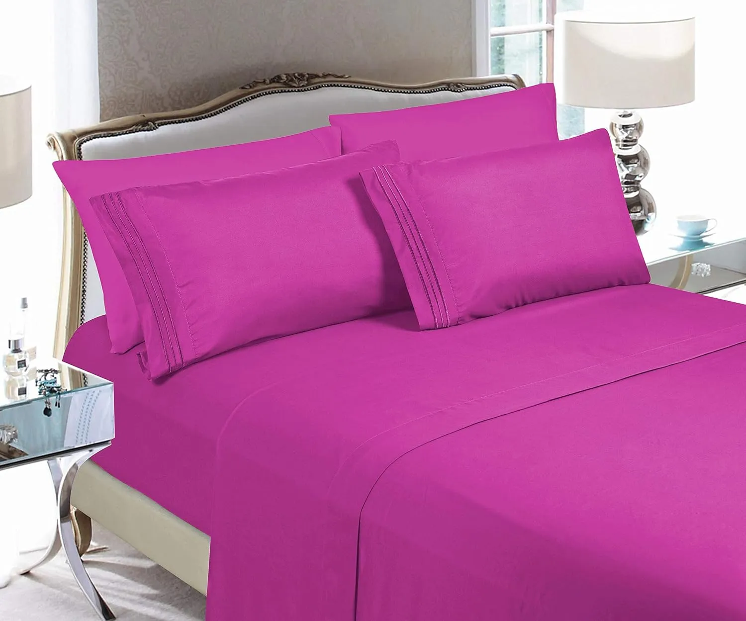 Elegant Comfort Luxury 4-Piece Bed Sheet Set - Luxury Bedding 1500 Premium Hotel Quality Microfiber, Wrinkle Resistant Cool & Breathable, Easy Elastic Fitted, King, Hot Pink