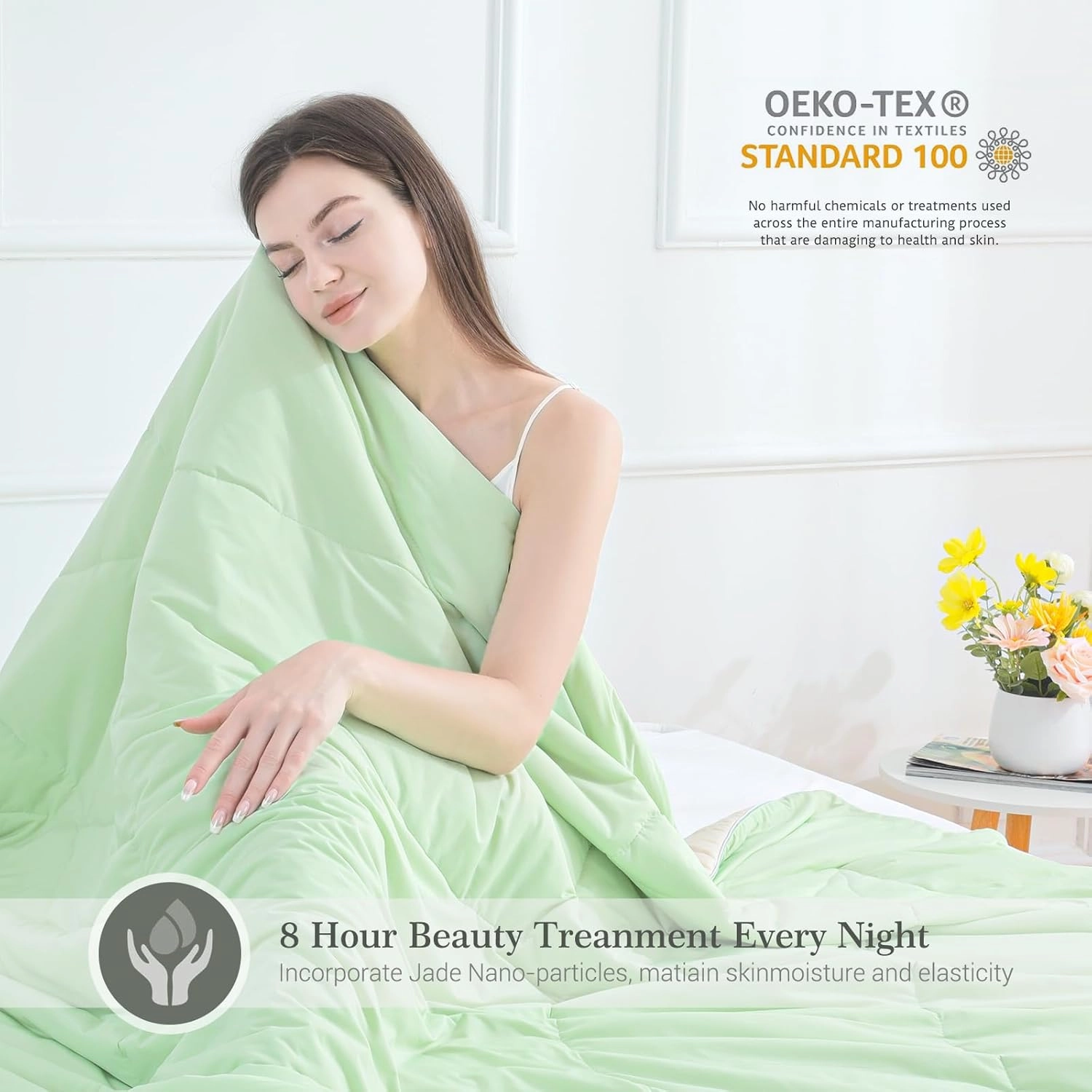 Elegear Cooling Comforter King Absorbs Body Heat to Keep Cool, Cooling Blanket for Hot Sleepers Japanese Arc-Chill 3.0 Cool Tech Fabric Summer Comforter Hypo-Allergenic Cooling Quilt - Green/Beige