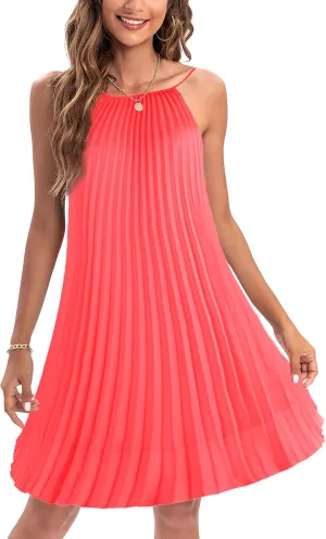 Ellames Women's 2024 Summer Spaghetti Strap Pleated Casual Swing Dress with Belt