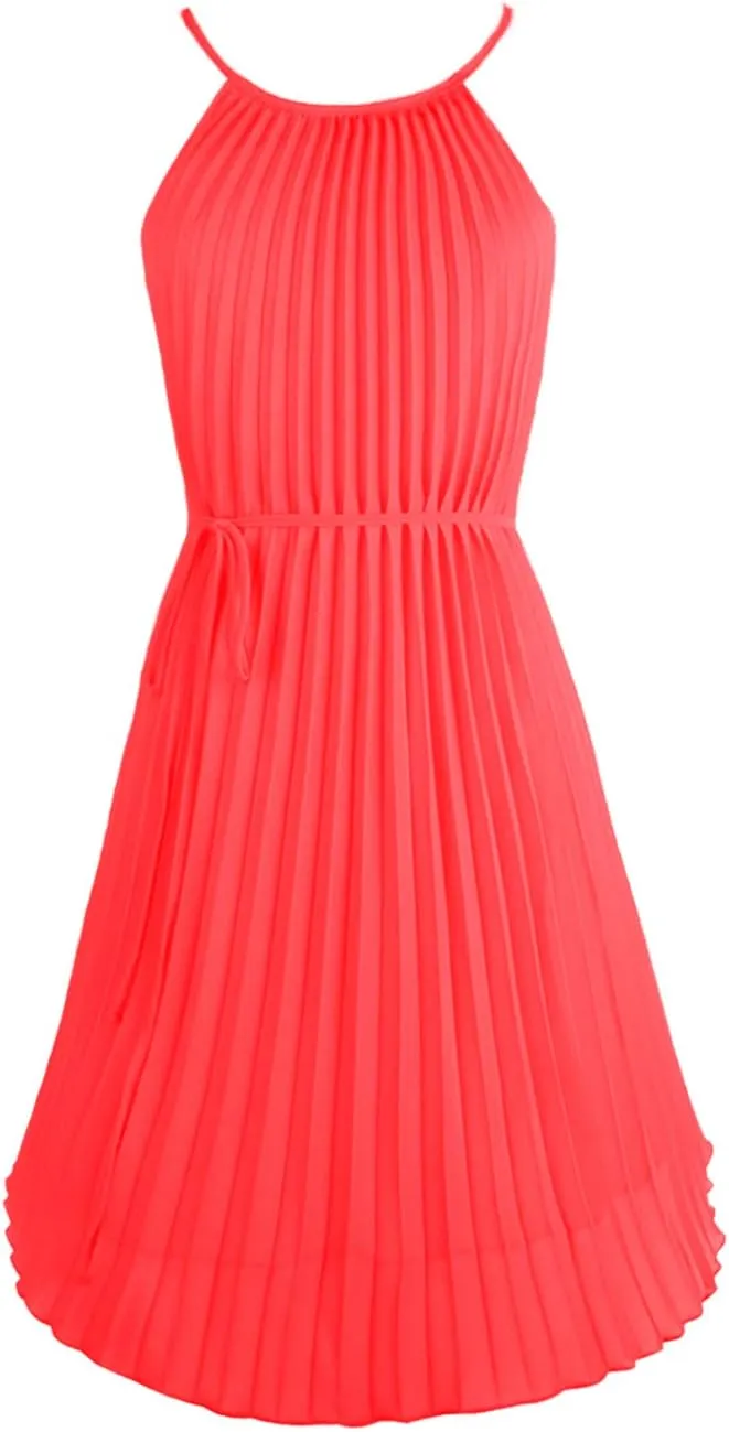 Ellames Women's 2024 Summer Spaghetti Strap Pleated Casual Swing Dress with Belt
