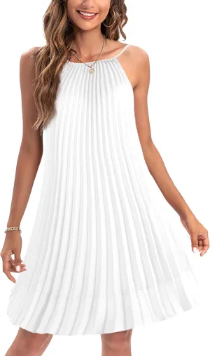 Ellames Women's 2024 Summer Spaghetti Strap Pleated Casual Swing Dress with Belt