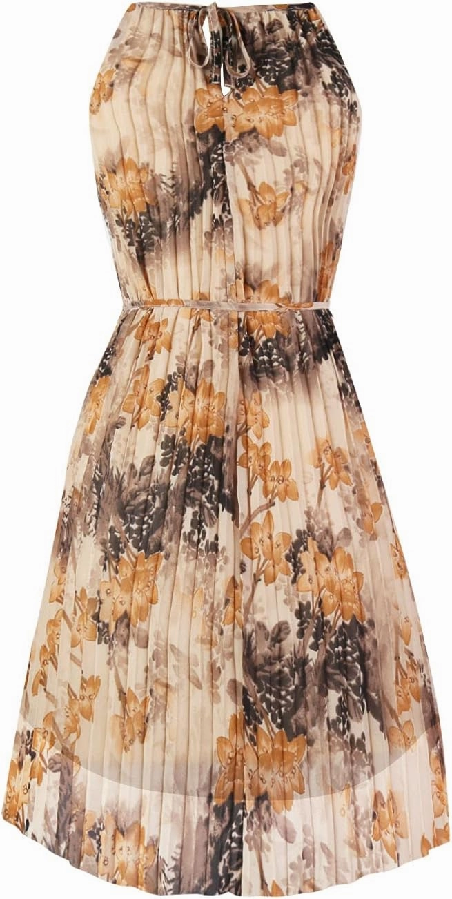 Ellames Women's 2024 Summer Spaghetti Strap Pleated Casual Swing Dress with Belt