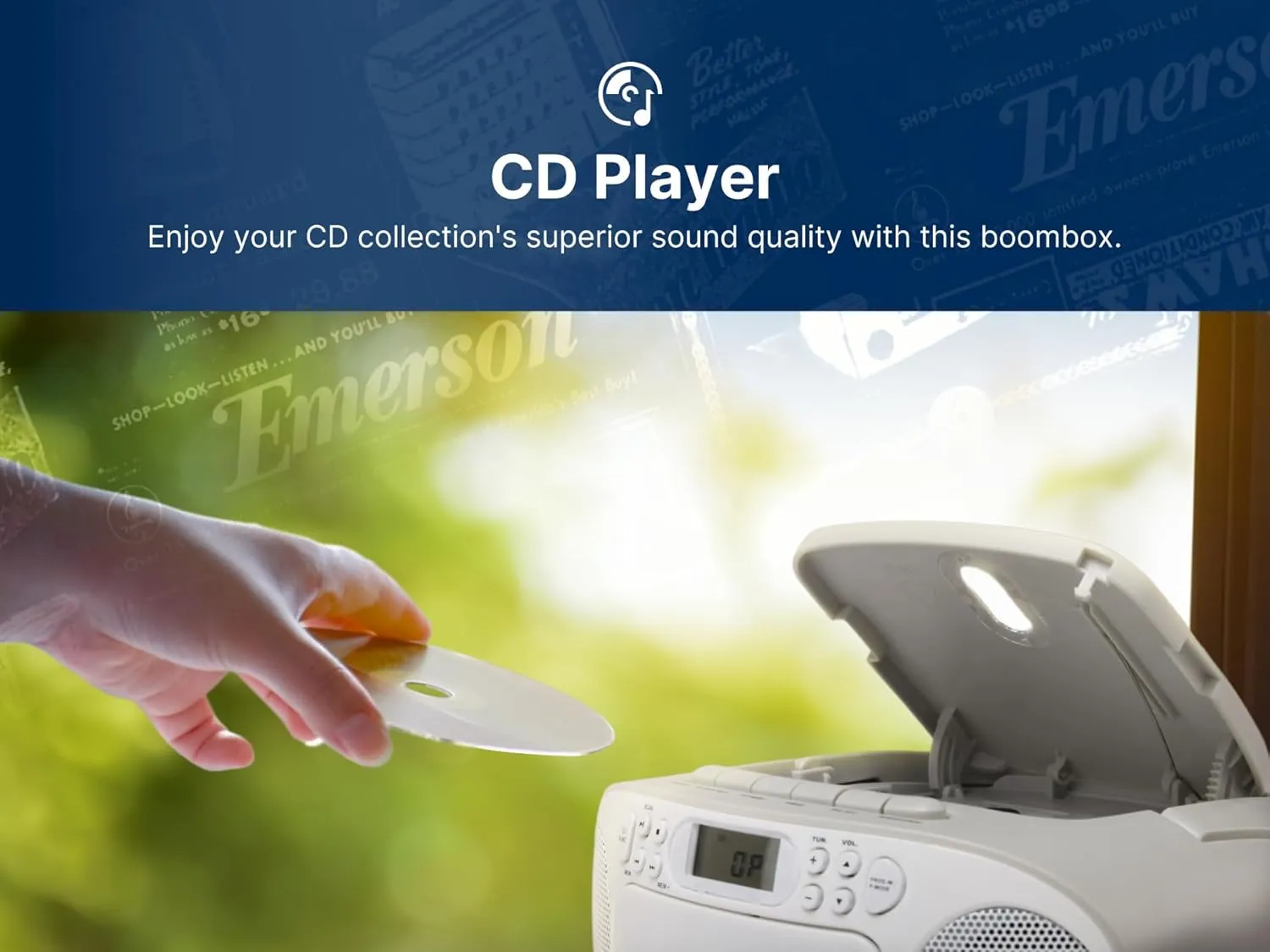 Emerson Portable CD Player Boombox with Cassette Player Combo, Tape Recorder, AM/FM Radio, AUX, Headphone Jack, Dual Speakers, AC/DC & Battery Operated - Stereo System for Home, Indoor & Outdoor Use