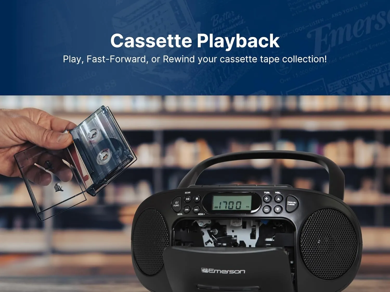 Emerson Portable CD Player Boombox with Cassette Player Combo, Tape Recorder, AM/FM Radio, AUX, Headphone Jack, Dual Speakers, AC/DC & Battery Operated - Stereo System for Home, Indoor & Outdoor Use