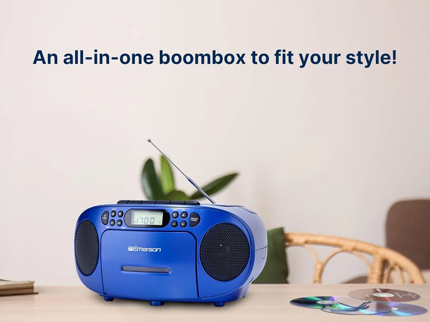 Emerson Portable CD Player Boombox with Cassette Player Combo, Tape Recorder, AM/FM Radio, AUX, Headphone Jack, Dual Speakers, AC/DC & Battery Operated - Stereo System for Home, Indoor & Outdoor Use