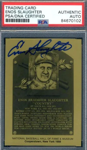 Enos Slaughter PSA DNA Signed Gold Metallic Hall Of Fame Plaque Set Break Autograph