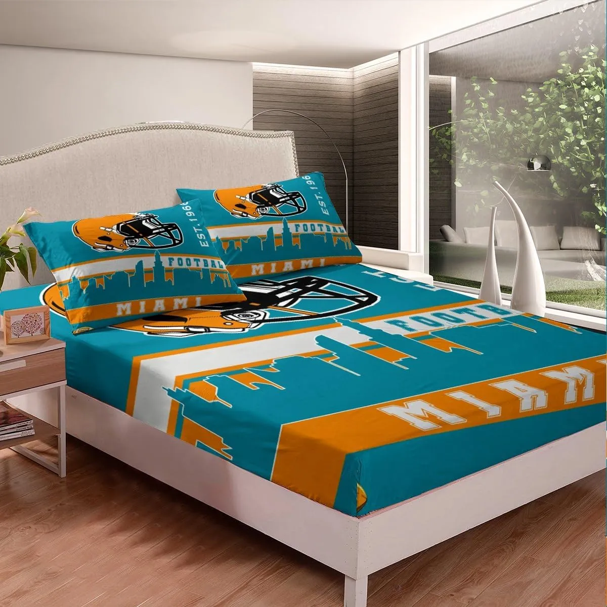 Erosebridal American Football Bed Sheets Set Queen Football City Sheet Set for Boys Girls Teal Football Fans Sheets Rugby Game Bedroom Decor Sports Ball Competition Flat Fitted Sheet(Miami)