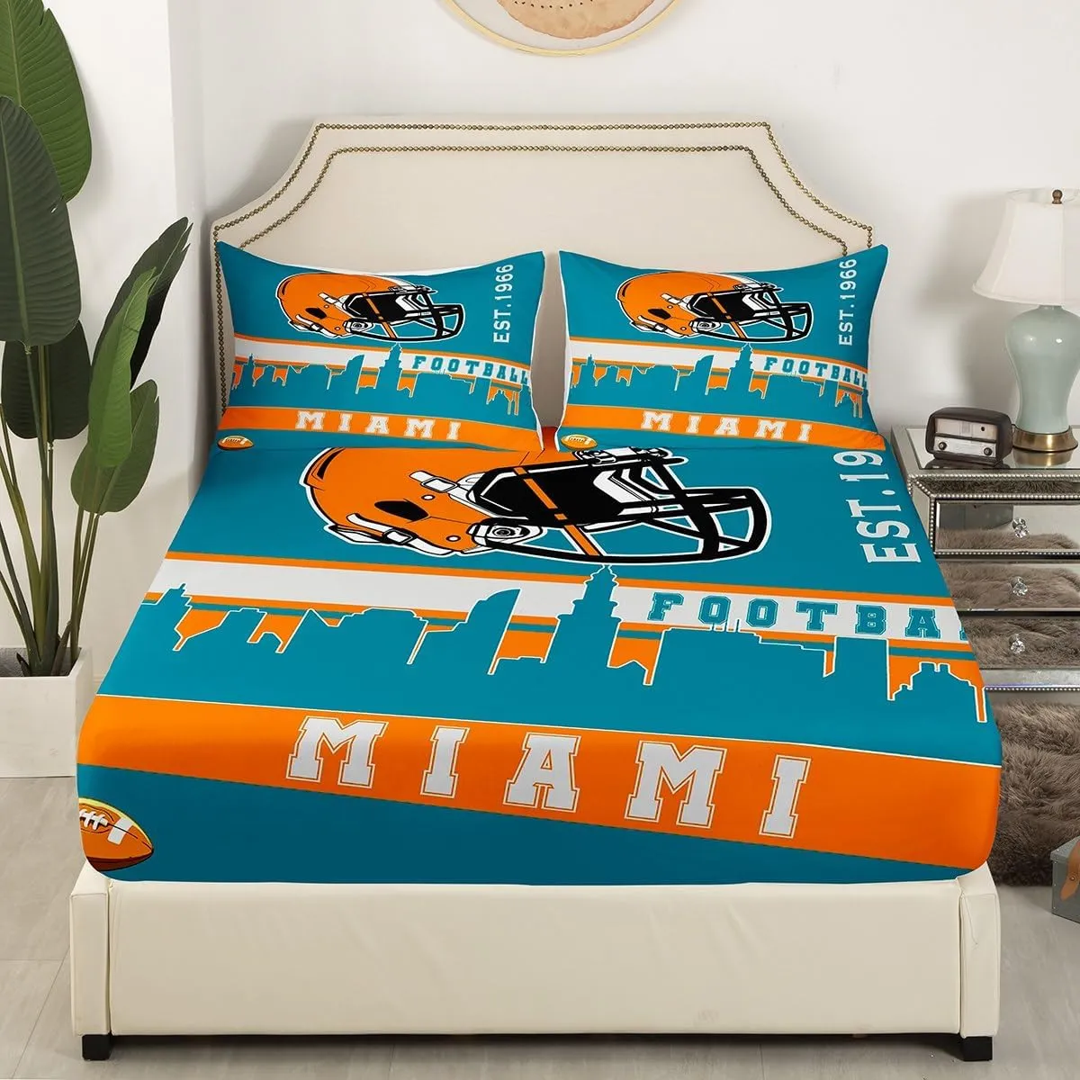 Erosebridal American Football Bed Sheets Set Queen Football City Sheet Set for Boys Girls Teal Football Fans Sheets Rugby Game Bedroom Decor Sports Ball Competition Flat Fitted Sheet(Miami)
