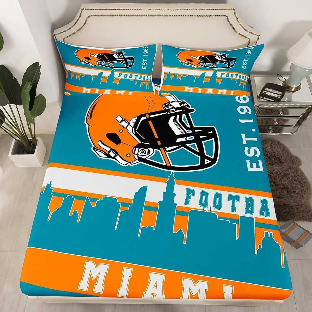 Erosebridal American Football Bed Sheets Set Queen Football City Sheet Set for Boys Girls Teal Football Fans Sheets Rugby Game Bedroom Decor Sports Ball Competition Flat Fitted Sheet(Miami)