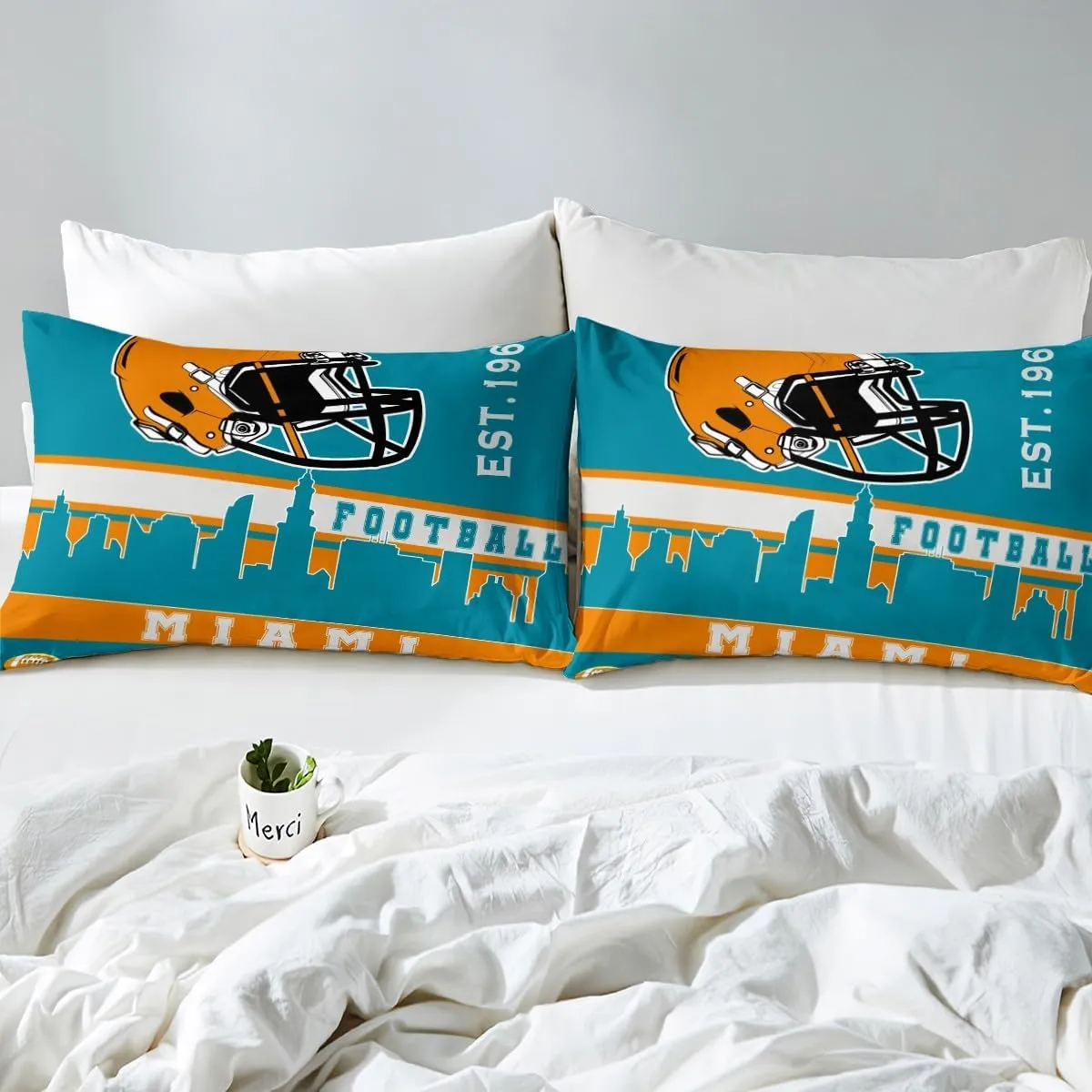 Erosebridal American Football Bed Sheets Set Queen Football City Sheet Set for Boys Girls Teal Football Fans Sheets Rugby Game Bedroom Decor Sports Ball Competition Flat Fitted Sheet(Miami)