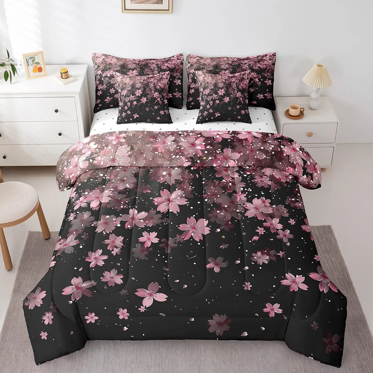 Erosebridal Cherry Blossoms 7 Piece Comforter Set King,Girl Pink Flowers Bed in a Bag with Flat Sheet and Fitted Sheet,Japanese Petal Floral Romantic Blossom Bedding Set with Pillowcase & Sham