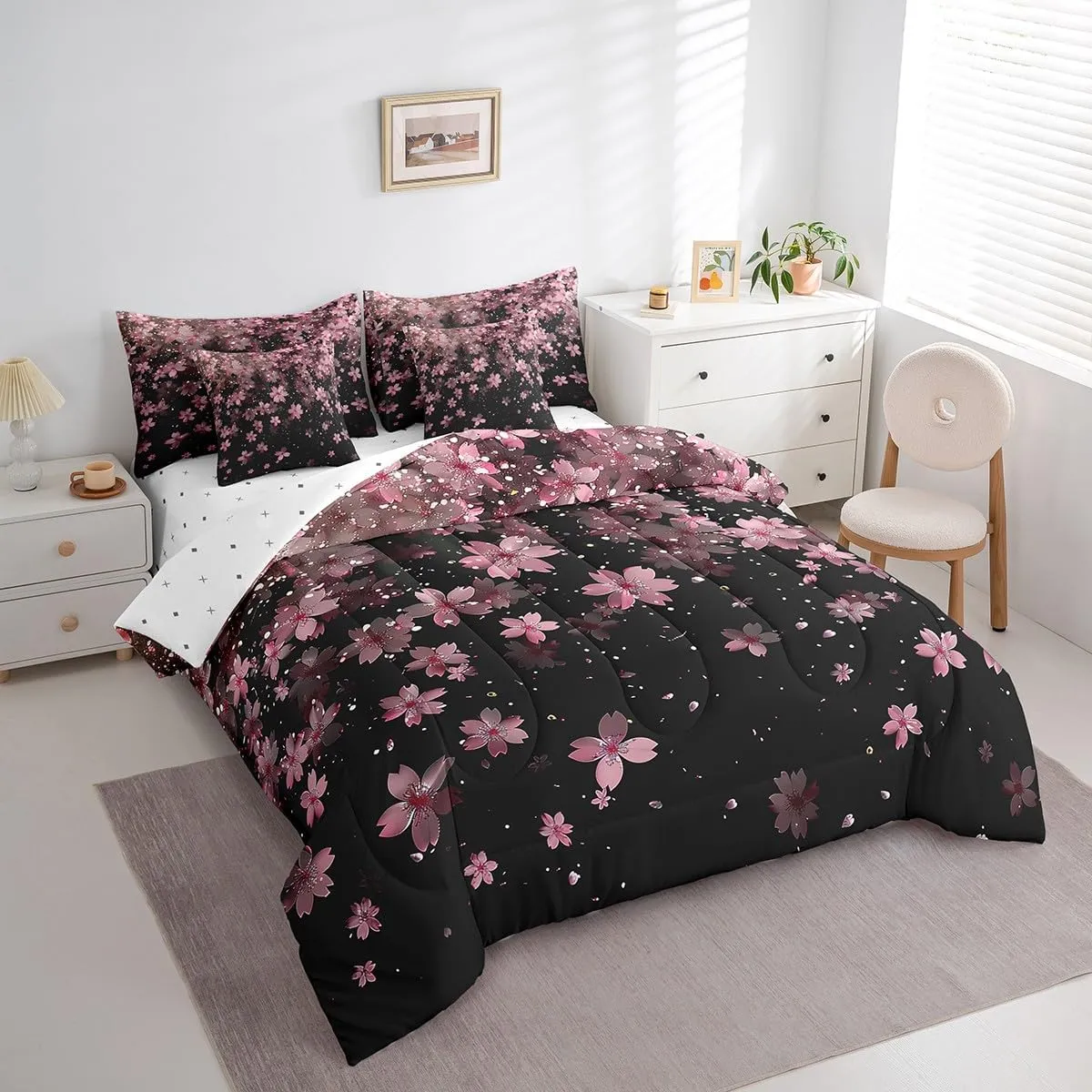 Erosebridal Cherry Blossoms 7 Piece Comforter Set King,Girl Pink Flowers Bed in a Bag with Flat Sheet and Fitted Sheet,Japanese Petal Floral Romantic Blossom Bedding Set with Pillowcase & Sham