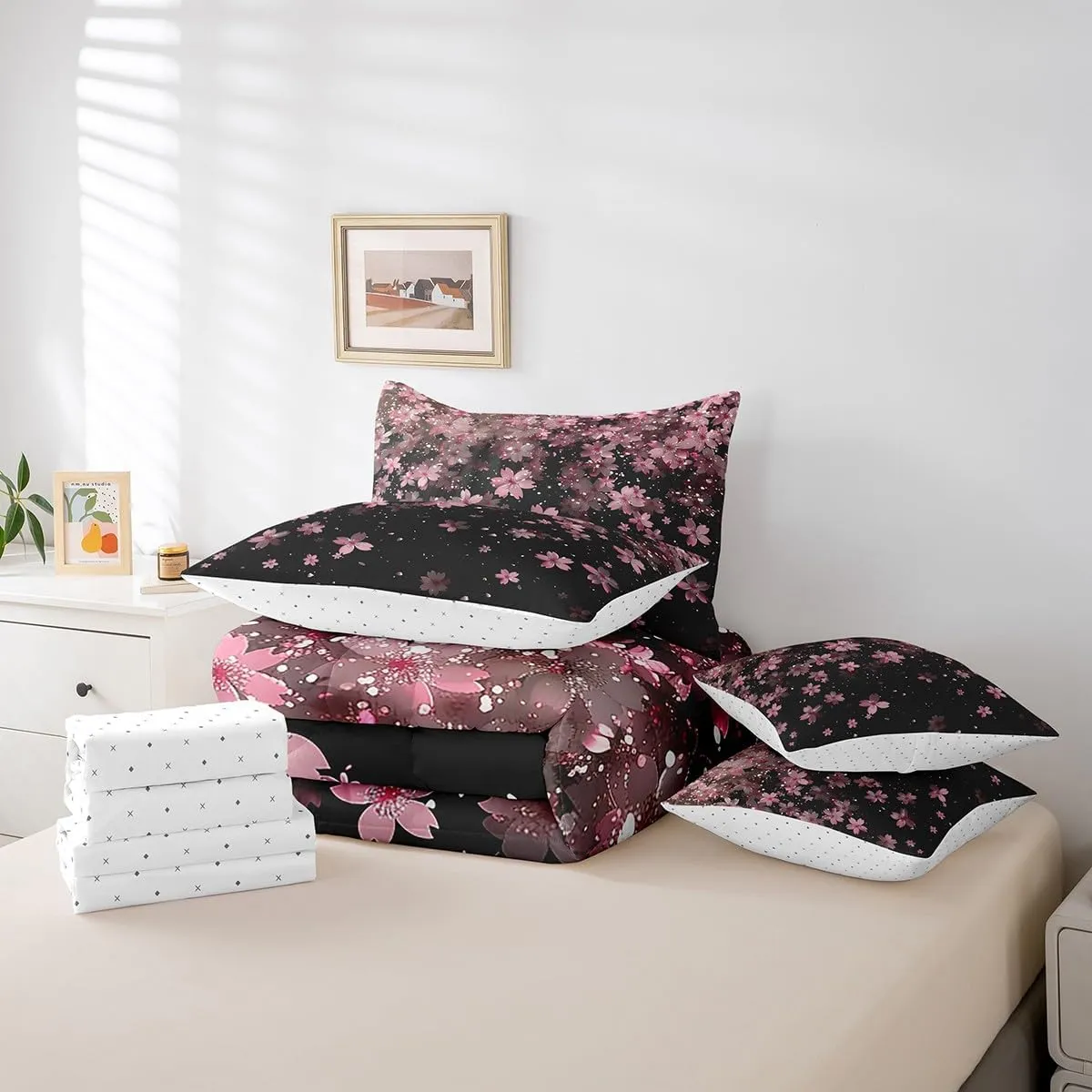 Erosebridal Cherry Blossoms 7 Piece Comforter Set King,Girl Pink Flowers Bed in a Bag with Flat Sheet and Fitted Sheet,Japanese Petal Floral Romantic Blossom Bedding Set with Pillowcase & Sham