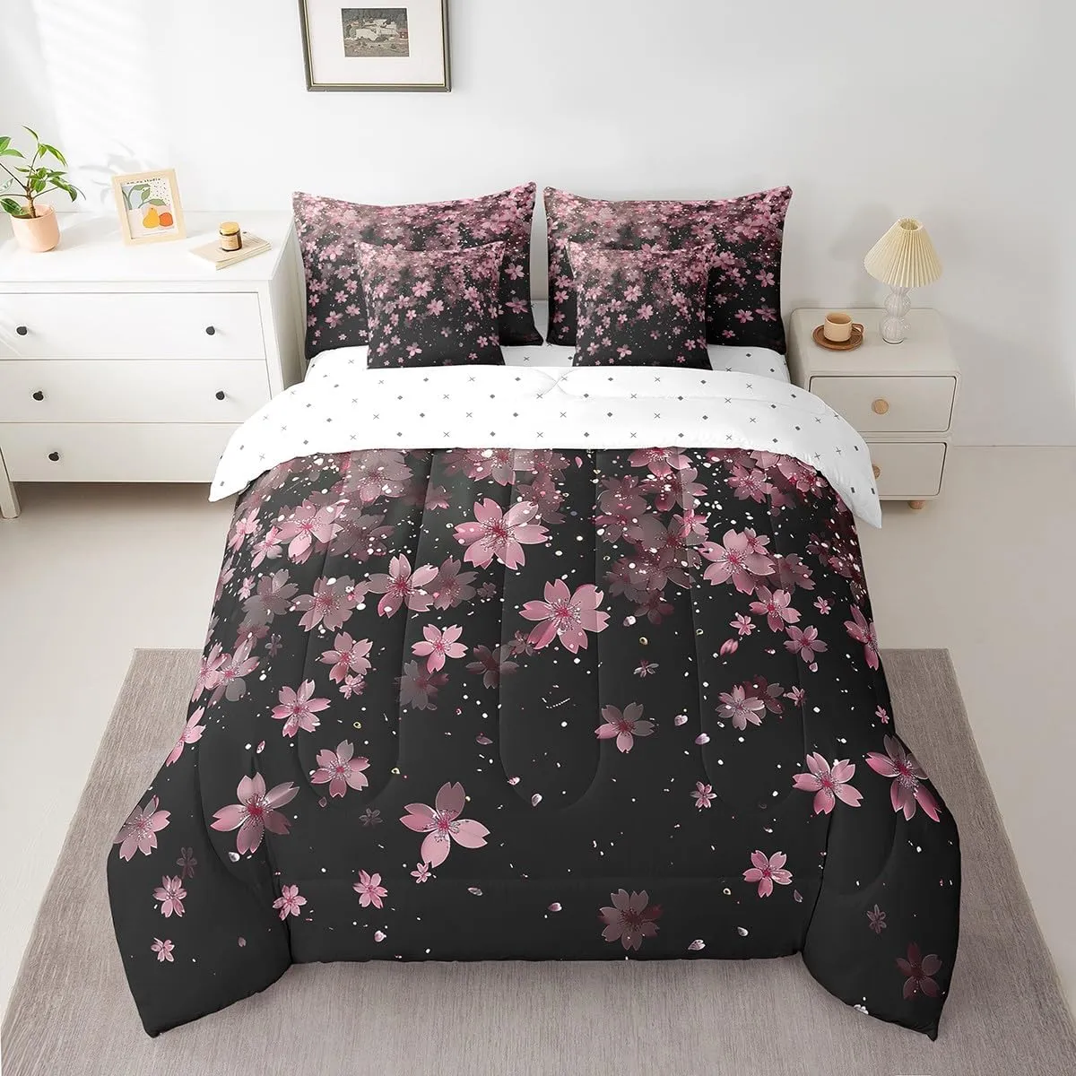 Erosebridal Cherry Blossoms 7 Piece Comforter Set King,Girl Pink Flowers Bed in a Bag with Flat Sheet and Fitted Sheet,Japanese Petal Floral Romantic Blossom Bedding Set with Pillowcase & Sham