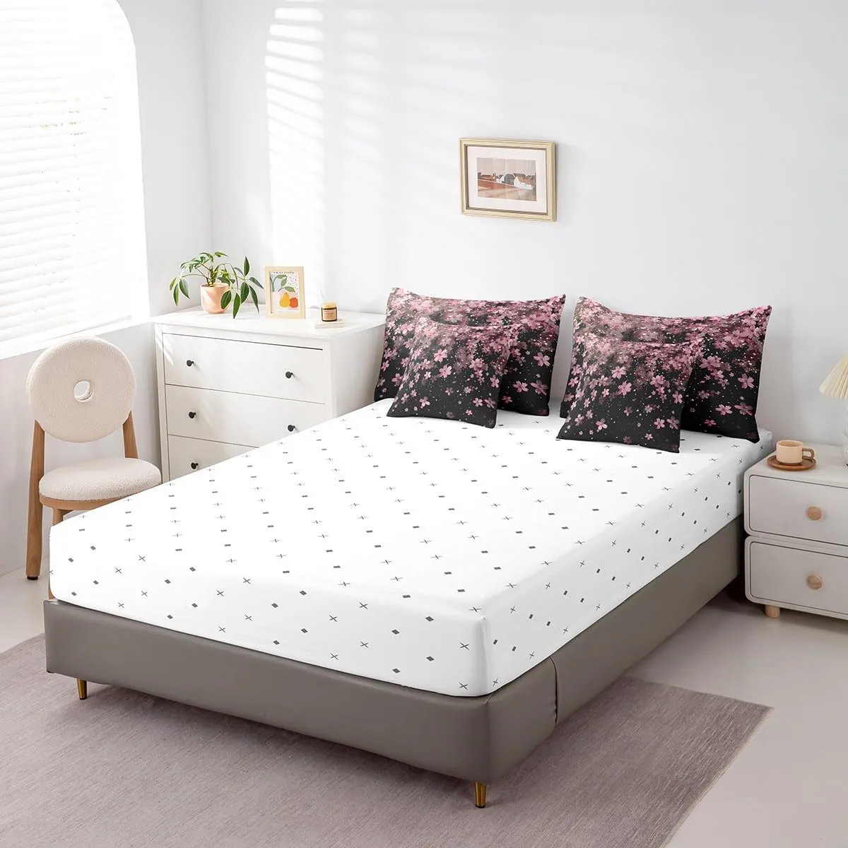 Erosebridal Cherry Blossoms 7 Piece Comforter Set King,Girl Pink Flowers Bed in a Bag with Flat Sheet and Fitted Sheet,Japanese Petal Floral Romantic Blossom Bedding Set with Pillowcase & Sham