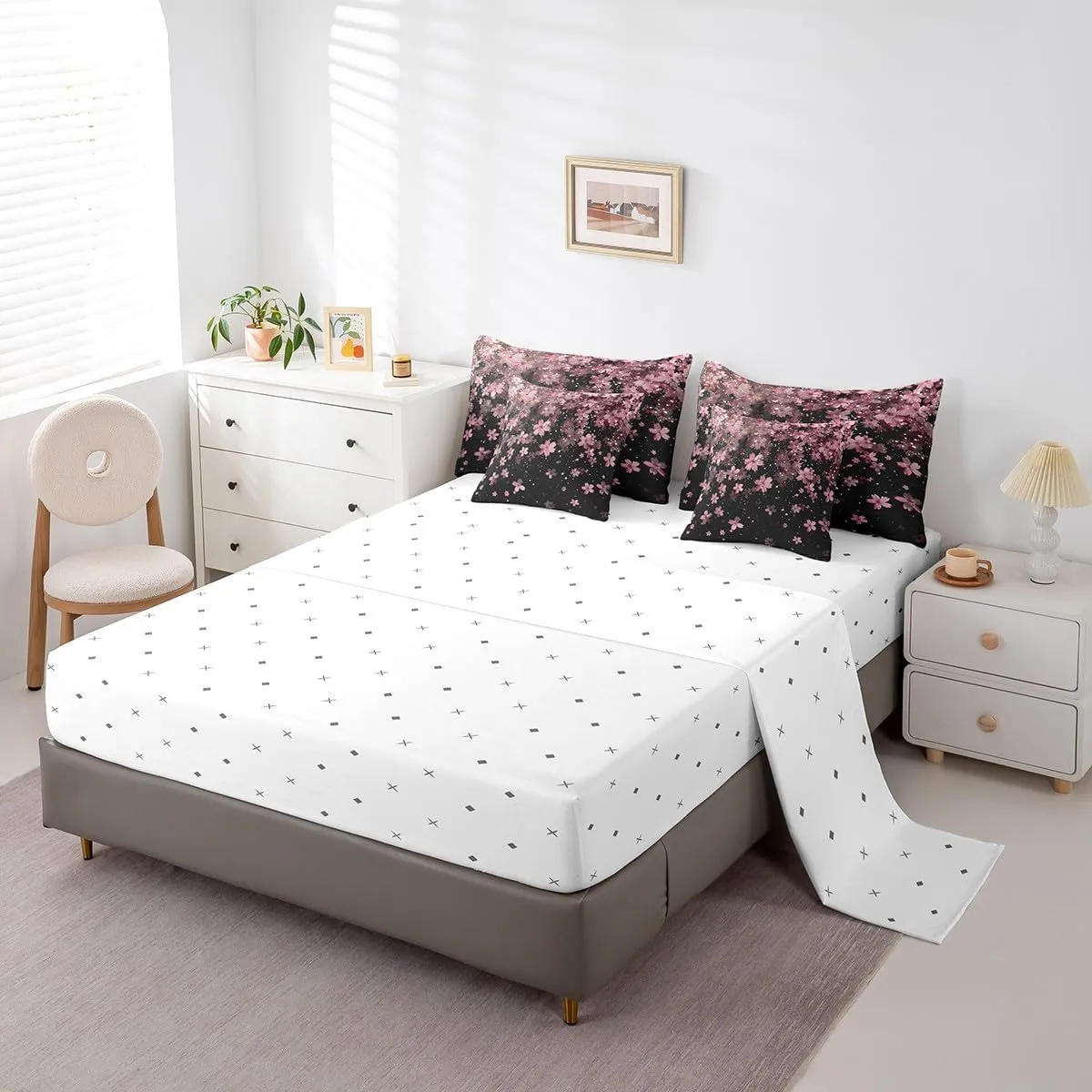 Erosebridal Cherry Blossoms 7 Piece Comforter Set King,Girl Pink Flowers Bed in a Bag with Flat Sheet and Fitted Sheet,Japanese Petal Floral Romantic Blossom Bedding Set with Pillowcase & Sham