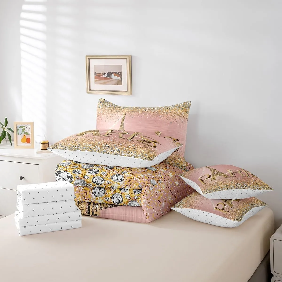 Erosebridal Eiffel Tower Comforter Set for Girls,Pink Golden Romantic Paris Bed in A Bag Queen,(Not Real) Diamond Bedding Sets,Sparkles Sequins Reversible Bed Sets with Sheet Set Bedroom Decor