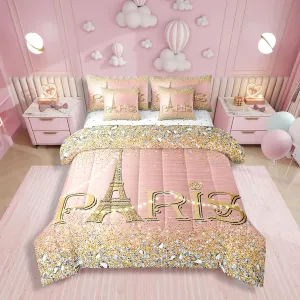 Erosebridal Eiffel Tower Comforter Set for Girls,Pink Golden Romantic Paris Bed in A Bag Queen,(Not Real) Diamond Bedding Sets,Sparkles Sequins Reversible Bed Sets with Sheet Set Bedroom Decor