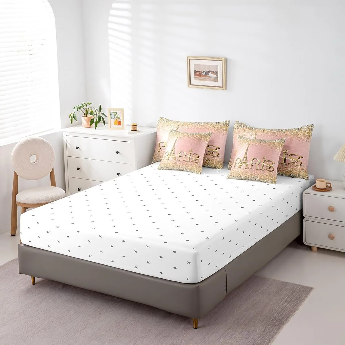 Erosebridal Eiffel Tower Comforter Set for Girls,Pink Golden Romantic Paris Bed in A Bag Queen,(Not Real) Diamond Bedding Sets,Sparkles Sequins Reversible Bed Sets with Sheet Set Bedroom Decor