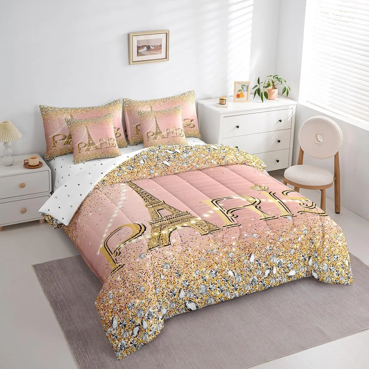 Erosebridal Eiffel Tower Comforter Set for Girls,Pink Golden Romantic Paris Bed in A Bag Queen,(Not Real) Diamond Bedding Sets,Sparkles Sequins Reversible Bed Sets with Sheet Set Bedroom Decor