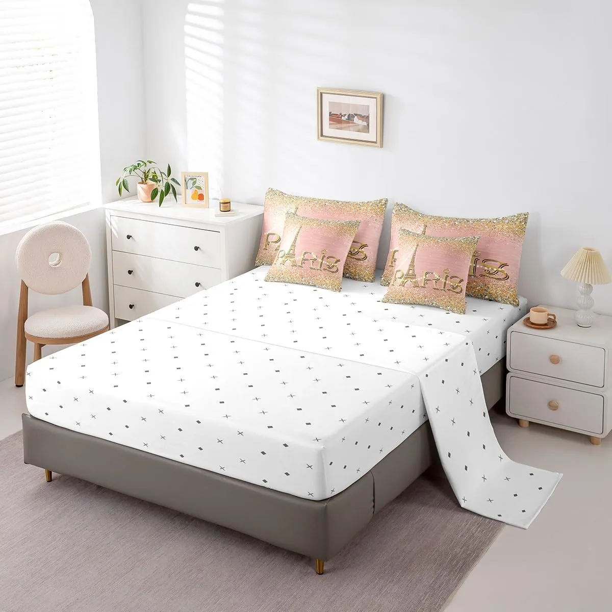 Erosebridal Eiffel Tower Comforter Set for Girls,Pink Golden Romantic Paris Bed in A Bag Queen,(Not Real) Diamond Bedding Sets,Sparkles Sequins Reversible Bed Sets with Sheet Set Bedroom Decor
