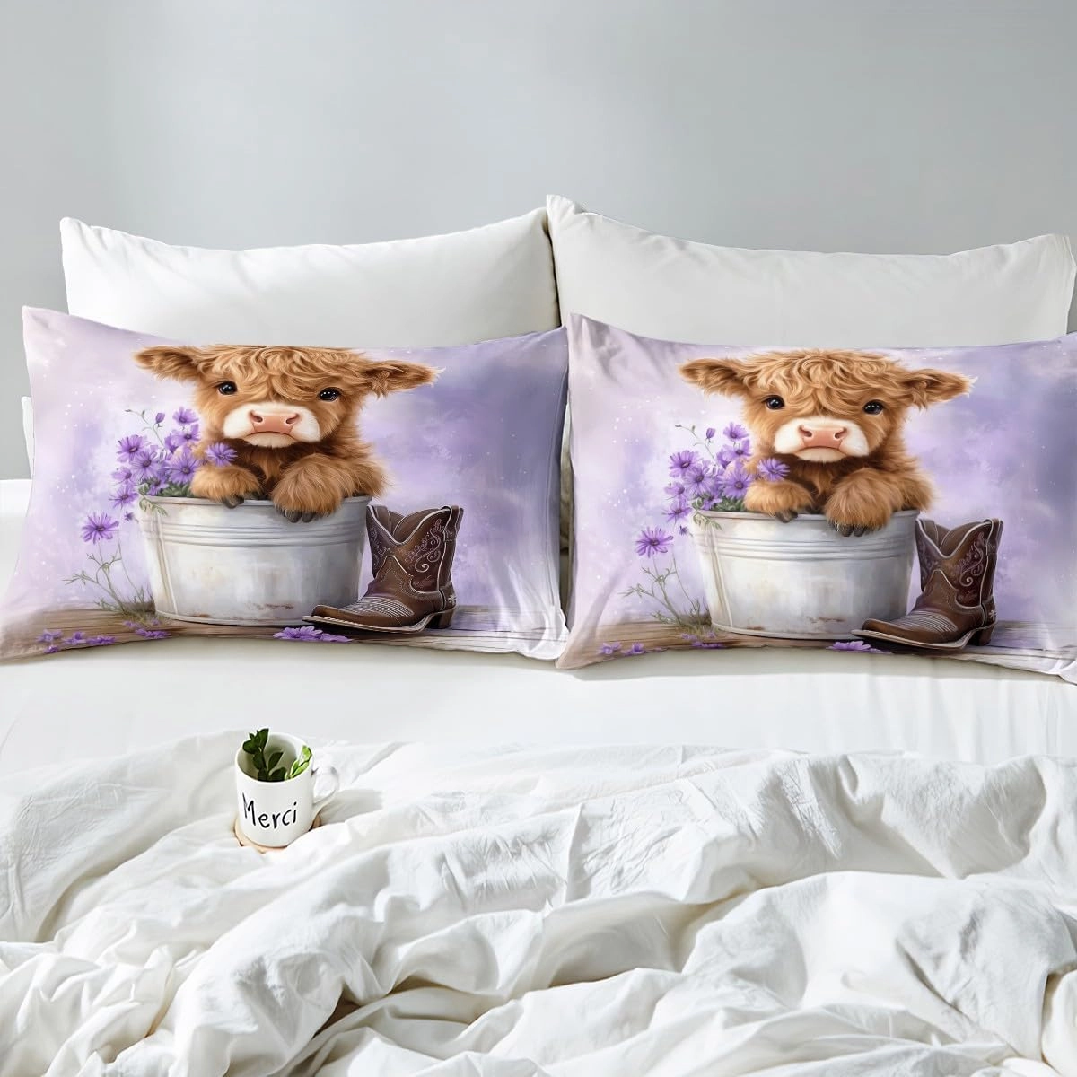 Erosebridal Cartoon Cow Bed Sheets Queen Size Highland Cows Fitted Sheet for Kids Girls Daisy Floral Wood Boots Rustic Purple White Bedding Set Deep Pocket Sheets