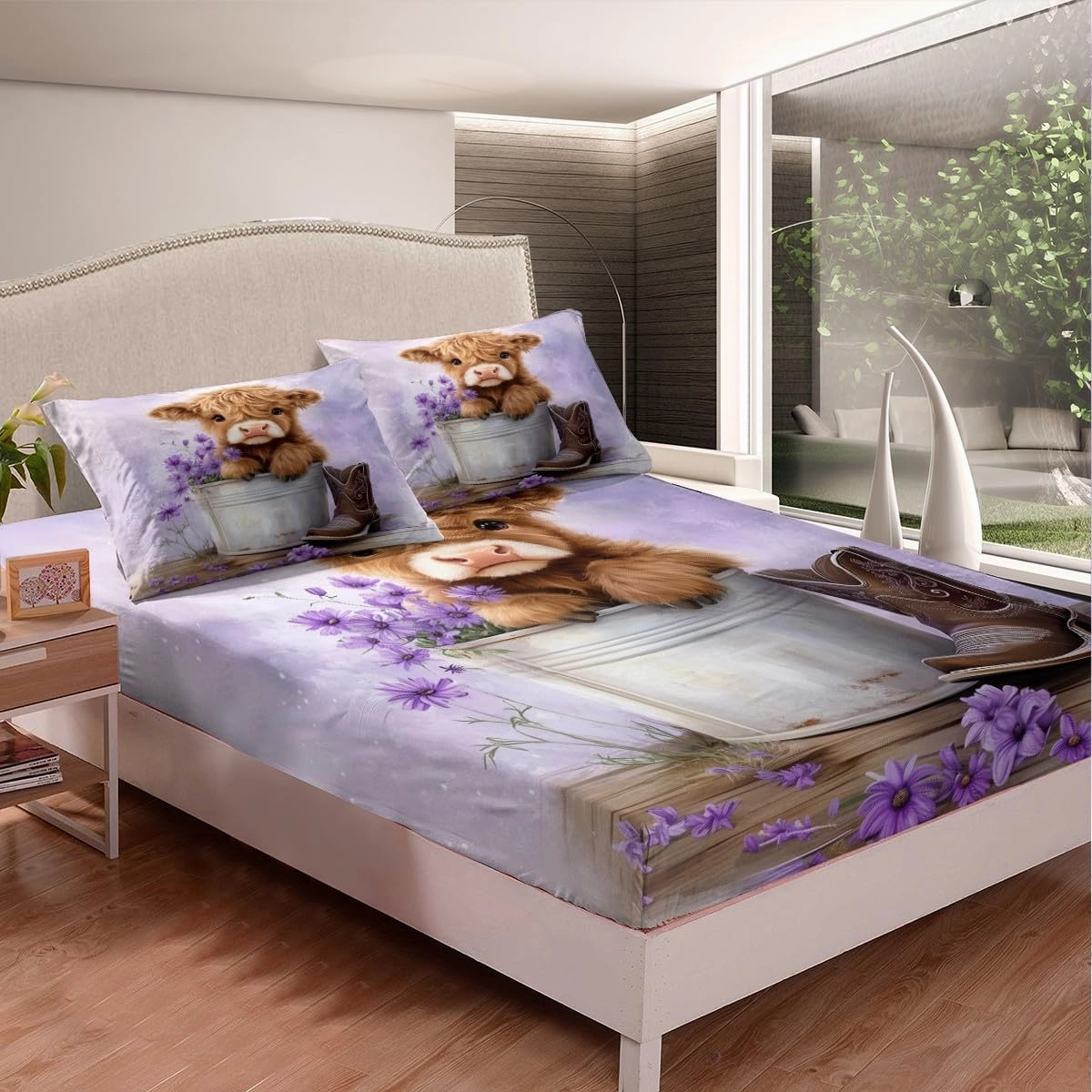 Erosebridal Cartoon Cow Bed Sheets Queen Size Highland Cows Fitted Sheet for Kids Girls Daisy Floral Wood Boots Rustic Purple White Bedding Set Deep Pocket Sheets