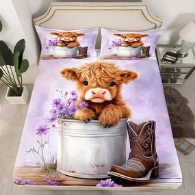 Erosebridal Cartoon Cow Bed Sheets Queen Size Highland Cows Fitted Sheet for Kids Girls Daisy Floral Wood Boots Rustic Purple White Bedding Set Deep Pocket Sheets