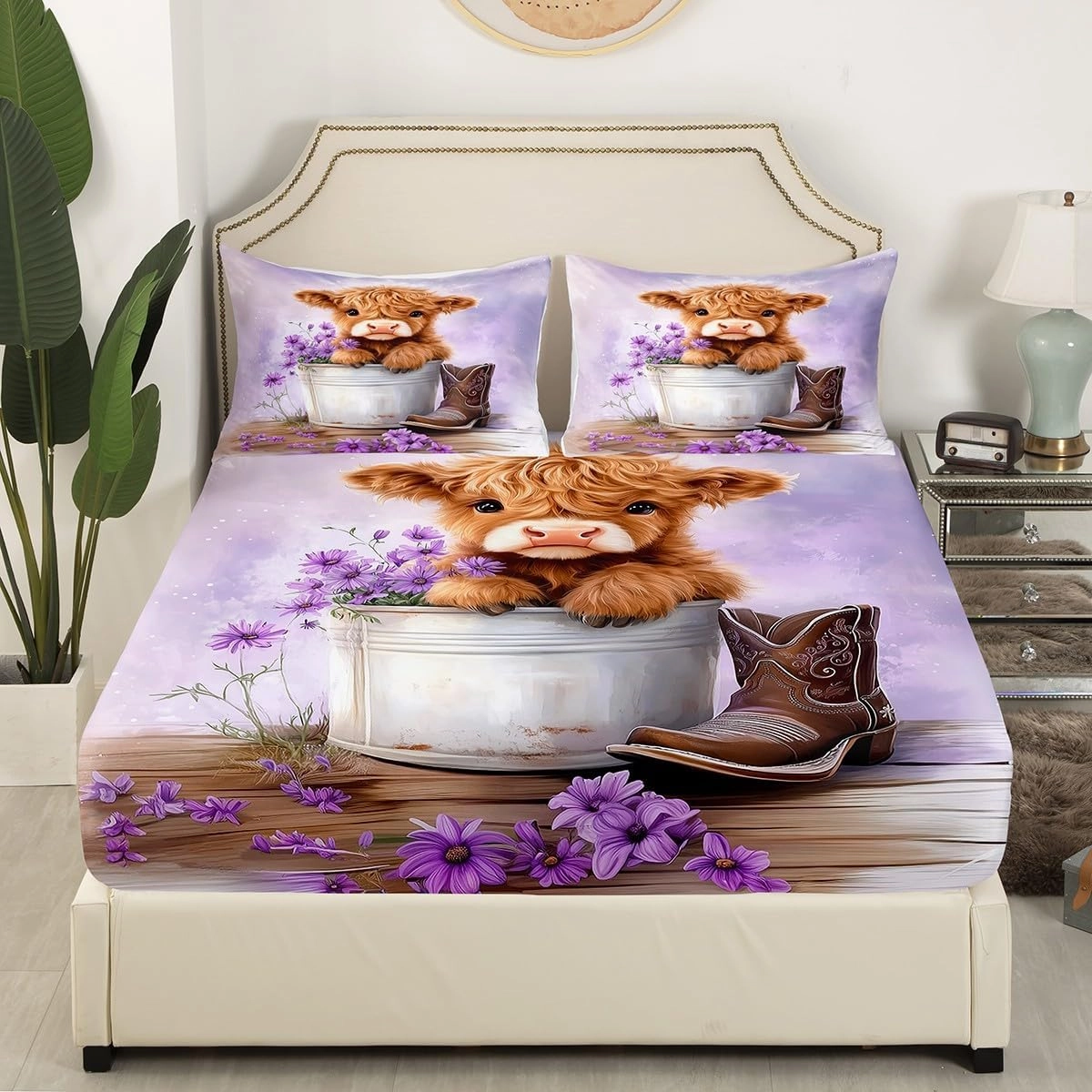 Erosebridal Cartoon Cow Bed Sheets Queen Size Highland Cows Fitted Sheet for Kids Girls Daisy Floral Wood Boots Rustic Purple White Bedding Set Deep Pocket Sheets
