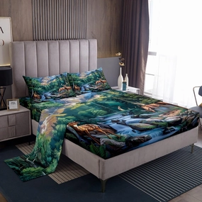 Erosebridal Deer Hunting Queen Size Bedding Set Woodland Wildlife Sheet Set Nature Wild Deer Animal Bed Sheets Rustic Cabin Jungle Elk Bed Sheet Set 4 Piece for Kids Boys Girls Room Decor