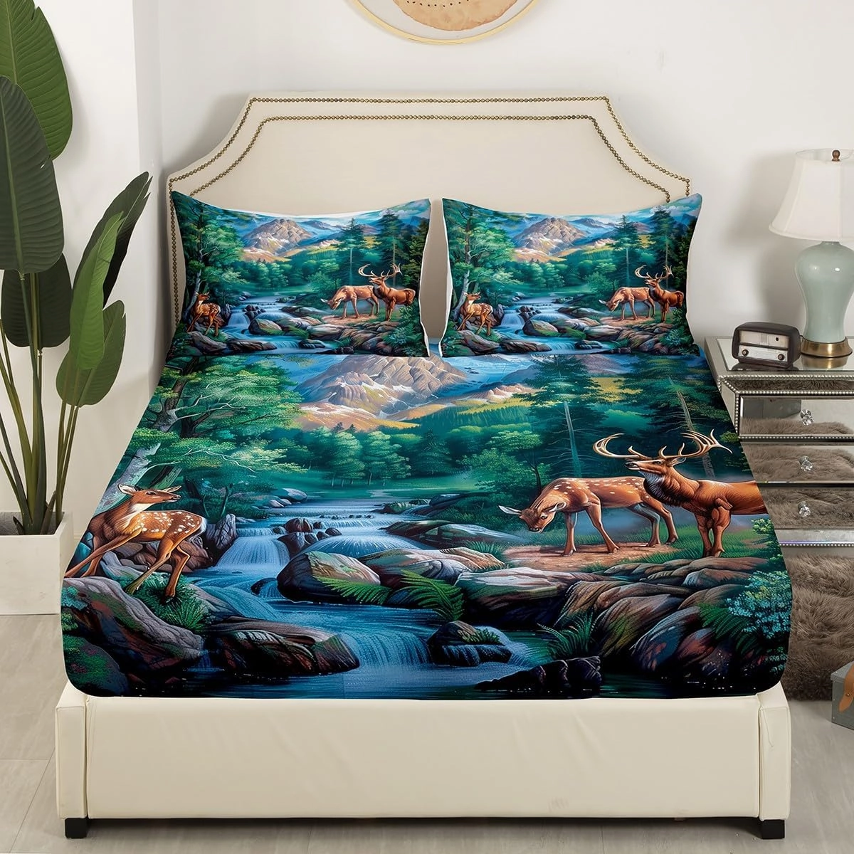 Erosebridal Deer Hunting Queen Size Bedding Set Woodland Wildlife Sheet Set Nature Wild Deer Animal Bed Sheets Rustic Cabin Jungle Elk Bed Sheet Set 4 Piece for Kids Boys Girls Room Decor