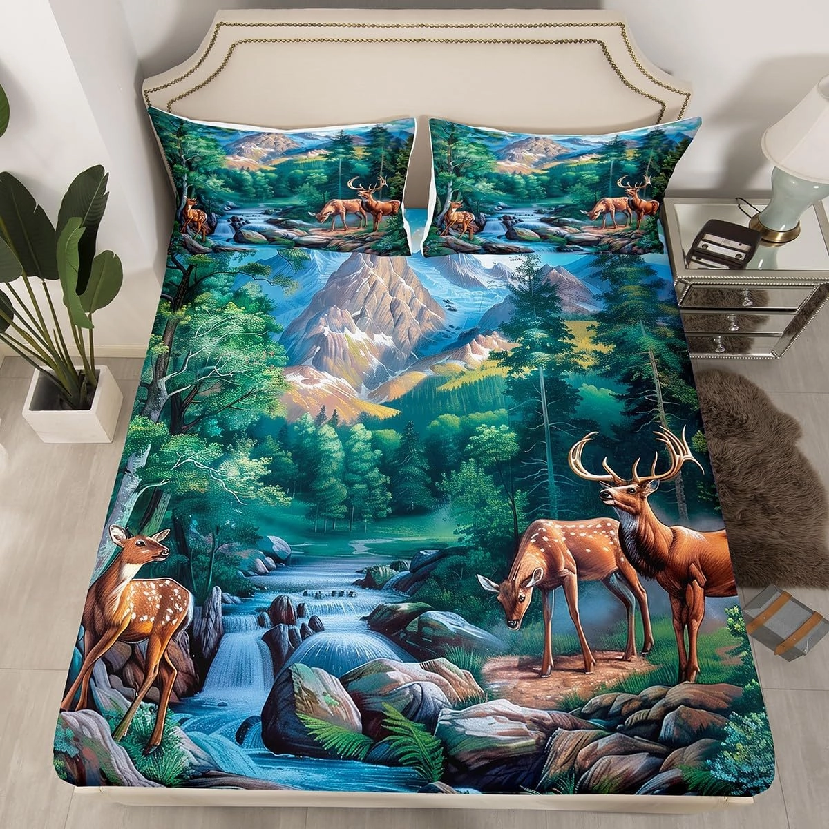 Erosebridal Deer Hunting Queen Size Bedding Set Woodland Wildlife Sheet Set Nature Wild Deer Animal Bed Sheets Rustic Cabin Jungle Elk Bed Sheet Set 4 Piece for Kids Boys Girls Room Decor