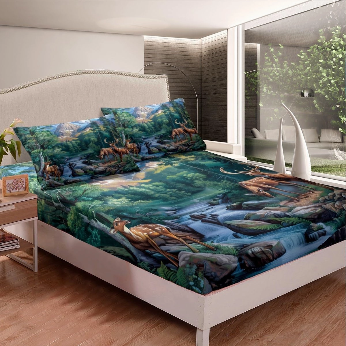 Erosebridal Deer Hunting Queen Size Bedding Set Woodland Wildlife Sheet Set Nature Wild Deer Animal Bed Sheets Rustic Cabin Jungle Elk Bed Sheet Set 4 Piece for Kids Boys Girls Room Decor