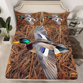 Erosebridal Mallard Duck Bed Sheets Queen Size Rustic Farmhouse Fitted Sheet for Woman Man Woodland Tree Branches Leaves Bedding Set Vintage Jungle Cabin Decor Sheets