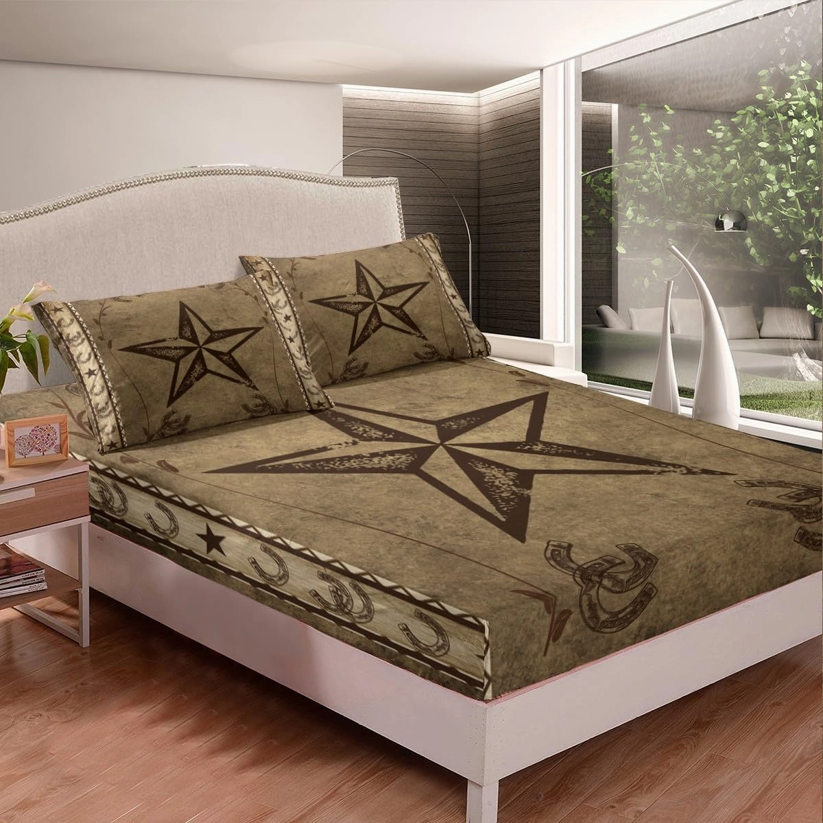 Erosebridal Western Texas Star Fitted Sheet Full Size,Rustic Farmhouse Bedding Set for Teens Adult,Horseshoe Cowboy Sheets with Pocket,Retro Country Cabin Southwestern Bed Sheets,Taupe