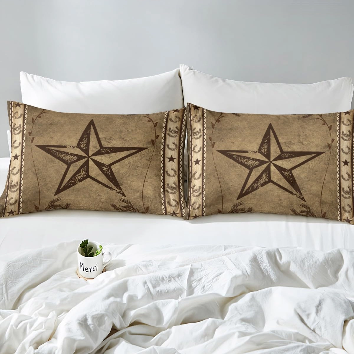 Erosebridal Western Texas Star Fitted Sheet Full Size,Rustic Farmhouse Bedding Set for Teens Adult,Horseshoe Cowboy Sheets with Pocket,Retro Country Cabin Southwestern Bed Sheets,Taupe