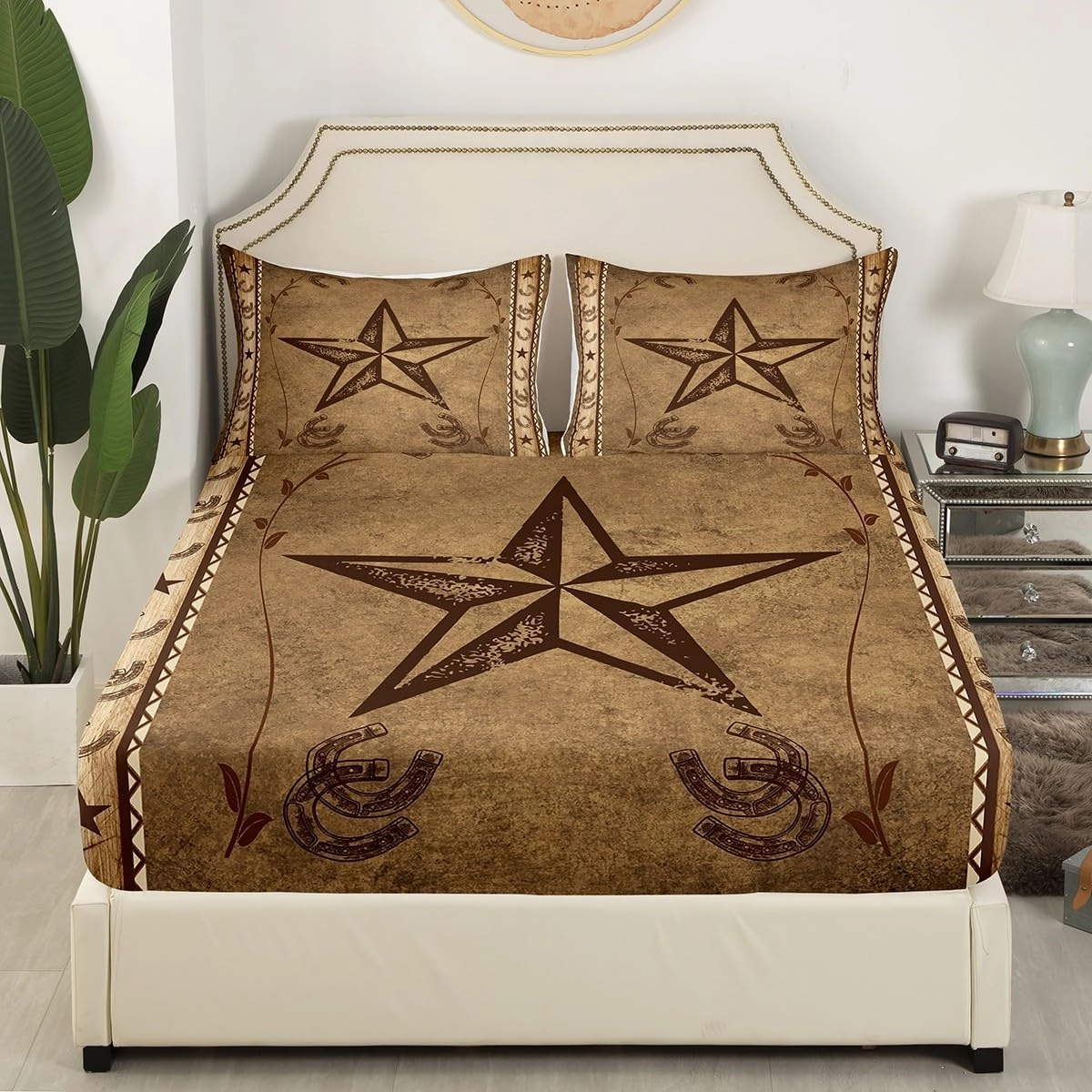 Erosebridal Western Texas Star Fitted Sheet Full Size,Rustic Farmhouse Bedding Set for Teens Adult,Horseshoe Cowboy Sheets with Pocket,Retro Country Cabin Southwestern Bed Sheets,Taupe