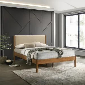 espidoo Vichy Rubberwood Platform Bed: Contemporary Queen Size Light Walnut Frame - Upholstered Polyester Headboard & Sturdy Slats - No Box Spring Needed for Modern Bedroom