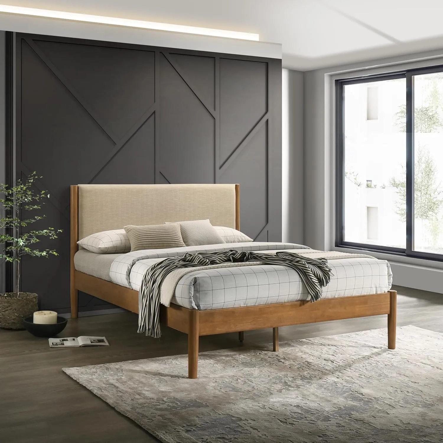 espidoo Vichy Rubberwood Platform Bed: Contemporary Queen Size Light Walnut Frame - Upholstered Polyester Headboard & Sturdy Slats - No Box Spring Needed for Modern Bedroom