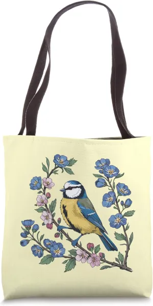 Eurasian Blue Tit with Pink and Blue Flowers Bird Art Tote Bag