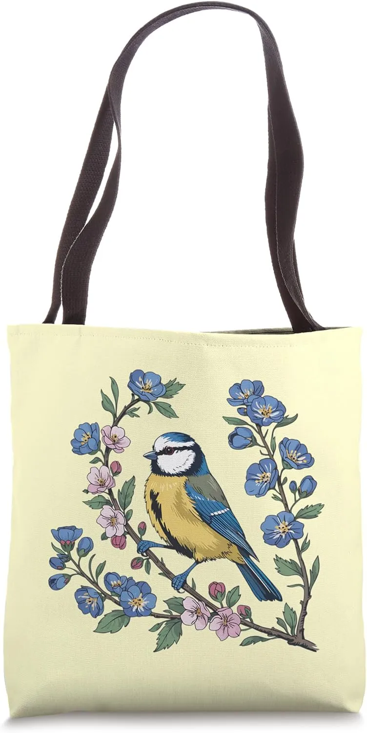 Eurasian Blue Tit with Pink and Blue Flowers Bird Art Tote Bag