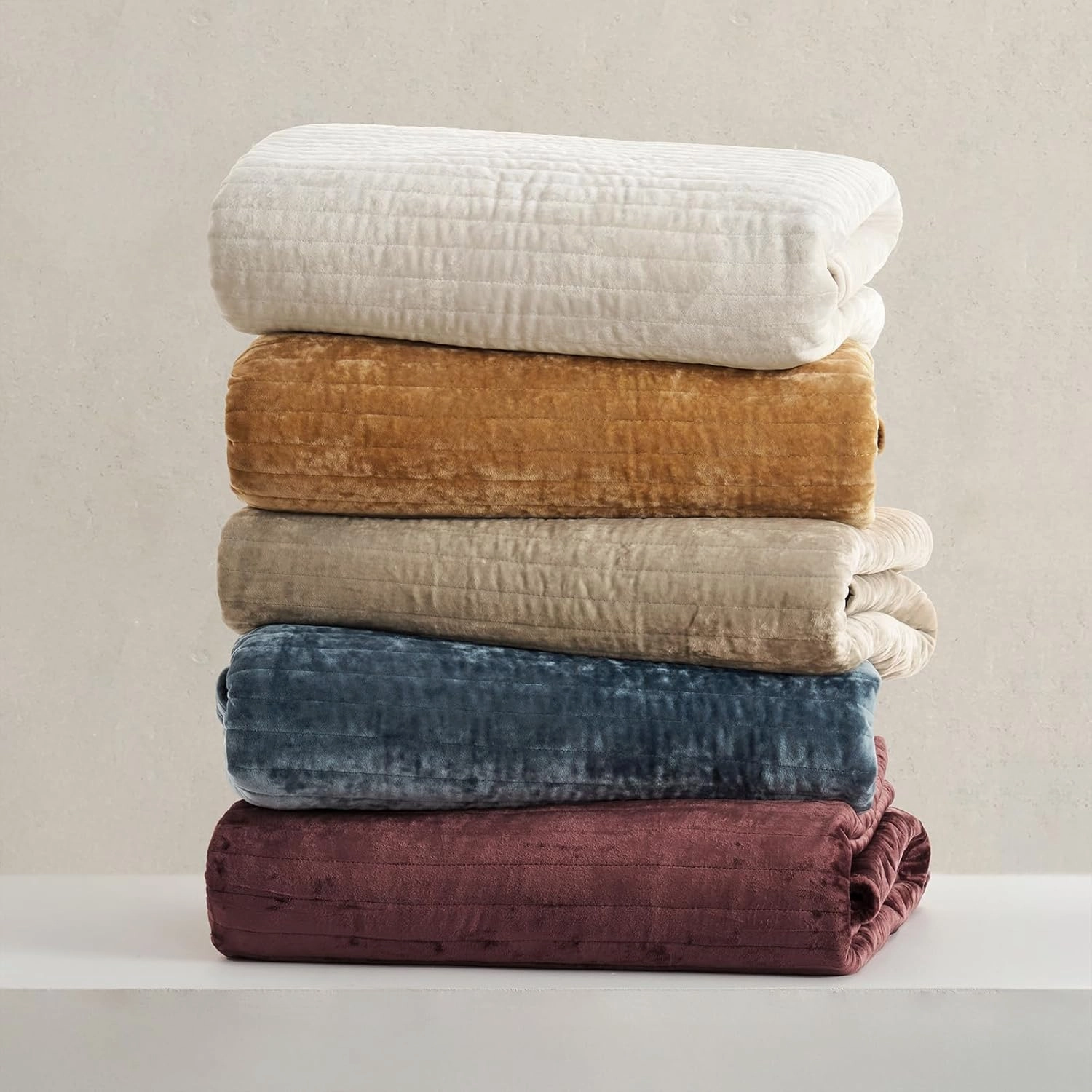 EVERGRACE Velvet Quilt Set King Size, Luxurious Soft Striped Channel Bedding Set, Lightweight Velvet Comforter for All Season, Oversized Bedspread Coverlet with 2 Matching Shams, Beige Taupe