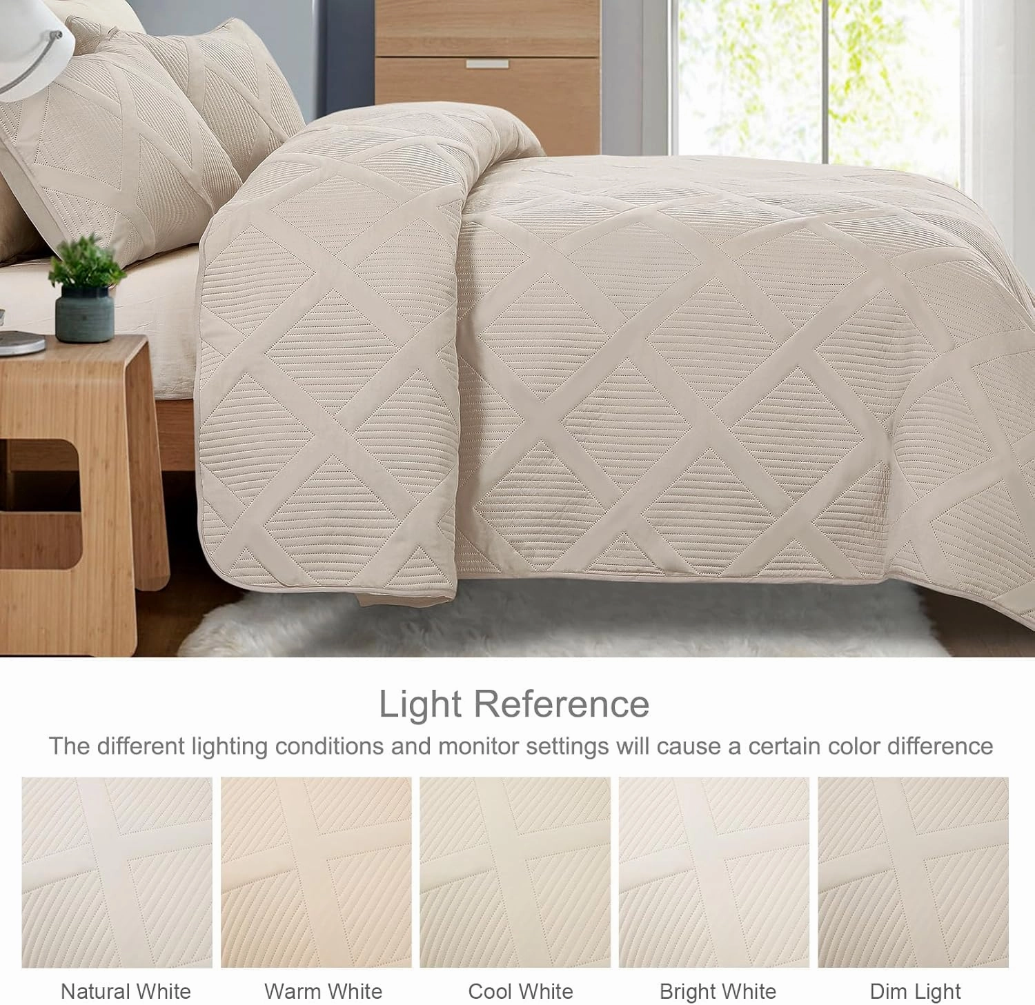 Exclusivo Mezcla Cal King Size Quilt Set with Modern Striped Pattern, 3 Pieces Summer Oversized Lightweight Brich Beige Quilts Bedding Set, Soft Bedspreads Coverlets for All Seasons
